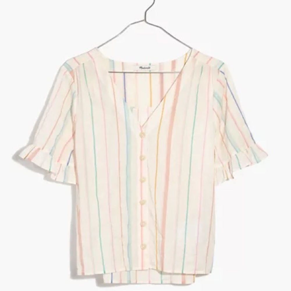 Madewell Village Ruffle-Sleeve Shirt in Rainbow Stripe